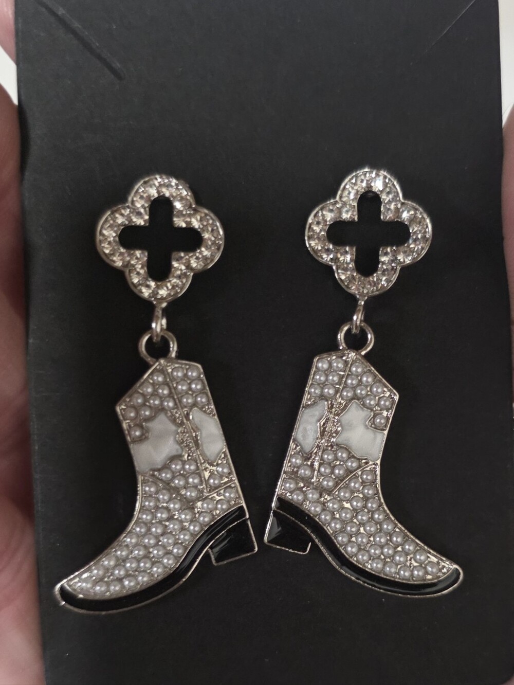 Crystal Cowboy Boot Drop Earrings - White and Silver